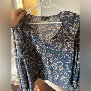 1. State slate blue floral long sleeve blouse.